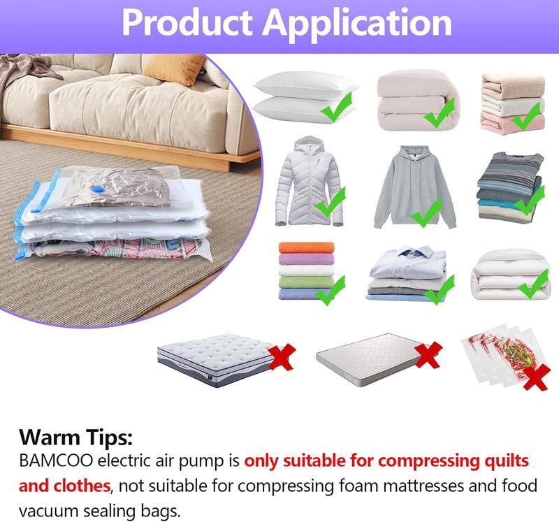 BAMCOO Electric Pump for Vacuum Storage Bags, Travel Vacuum Pump for Various Vacuum Seal Bags Portable Vacpack Air Pump for Compression Clothing Blanket Luggage Purple (Storage Bag Not Included) - Image 5